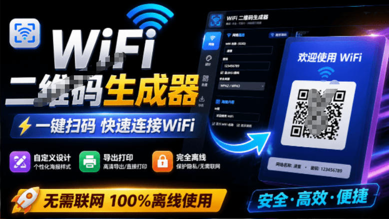完全离线使用！WiFi二维码生成器，一键扫码快速连接WiFi，支持自定义风格导出WiFi二维码生成器-dabaowz
