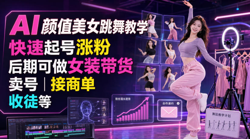 AI颜值美女跳舞教学，快速起号涨粉，后期可做女装带货，卖号，接商单，收徒等-dabaowz