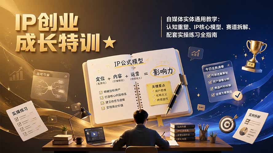 IP创业成长特训★自媒体实体通用教学：认知重塑、IP核心模型、赛道拆解、配套实操练习全指南-dabaowz