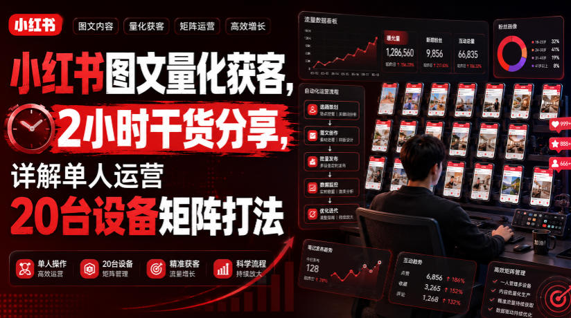 小红书图文量化获客，2小时干货分享，详解单人运营20台设备矩阵打法-dabaowz