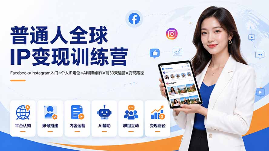 普通人全球IP变现训练营：Facebook×Instagram入门×个人IP定位×AI辅助创作×前30天运营×变现路径-dabaowz