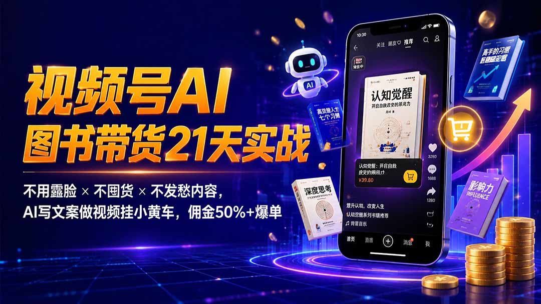 繁花视频号AI图书带货21天实战：不用露脸×不囤货×不发愁内容，AI写文案做视频挂小黄车，佣金50%+爆单-dabaowz