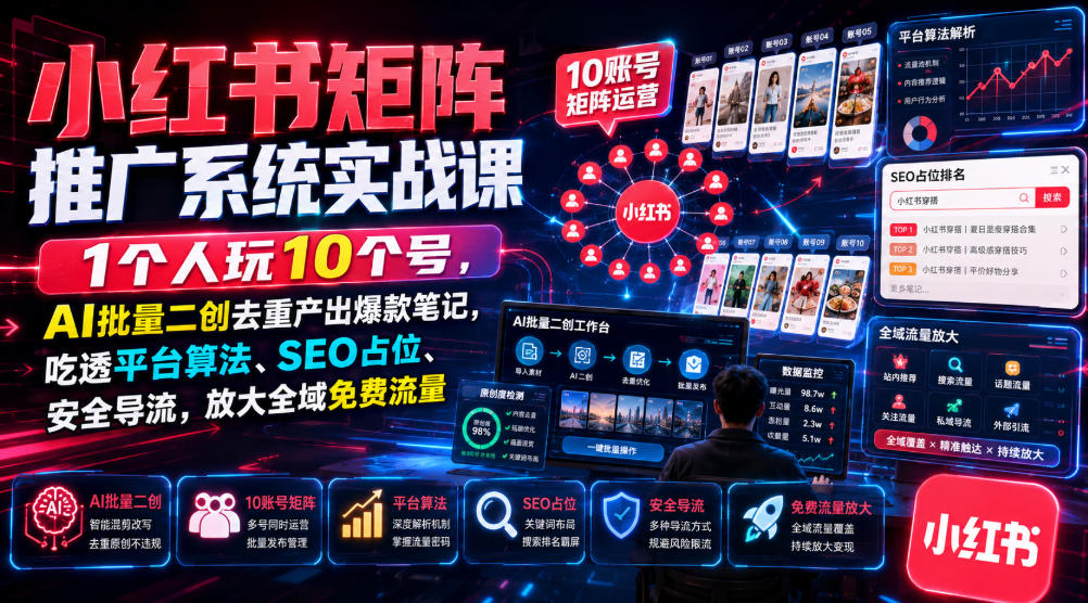 小红书矩阵推广系统实战课｜1个人玩10个号，AI批量二创去重产出爆款笔记，吃透平台算法、SEO占位、安全导流，放大全域免费流量-dabaowz