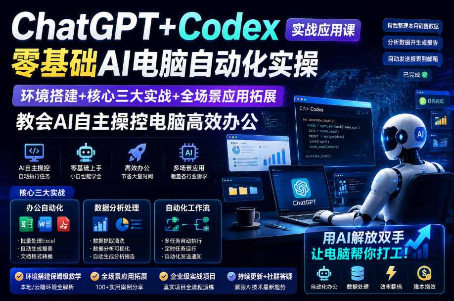 ChatGPT+Codex实战应用课｜零基础AI电脑自动化实操，环境搭建+核心三大实战+全场景应用拓展，教会AI自主操控电脑高效办公-dabaowz