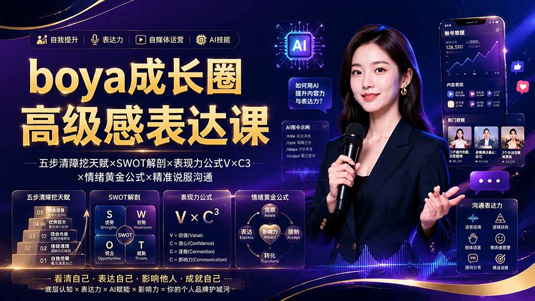 boya成长圈｜内心成长高级表达AI自媒体三合一，消解内耗挖掘天赋，镜头沟通AI指令短视频全流程教学-dabaowz