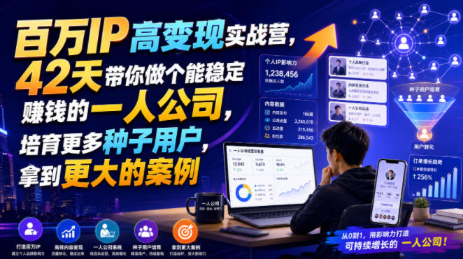 百万IP高变现实战营，42天带你做个能稳定賺钱的一人公司，培育更多种子用户，拿到更大的案例-dabaowz