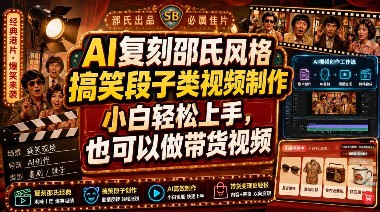 AI复刻邵氏风格搞笑段子类视频制作，小白轻松上手，也可以做带货视频-dabaowz