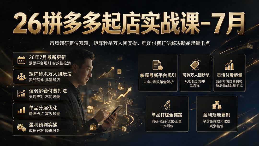 26拼多多起店实战课-7月｜市场调研定位赛道，矩阵秒杀万人团实操，强弱付费打法解决新品起量卡点-dabaowz