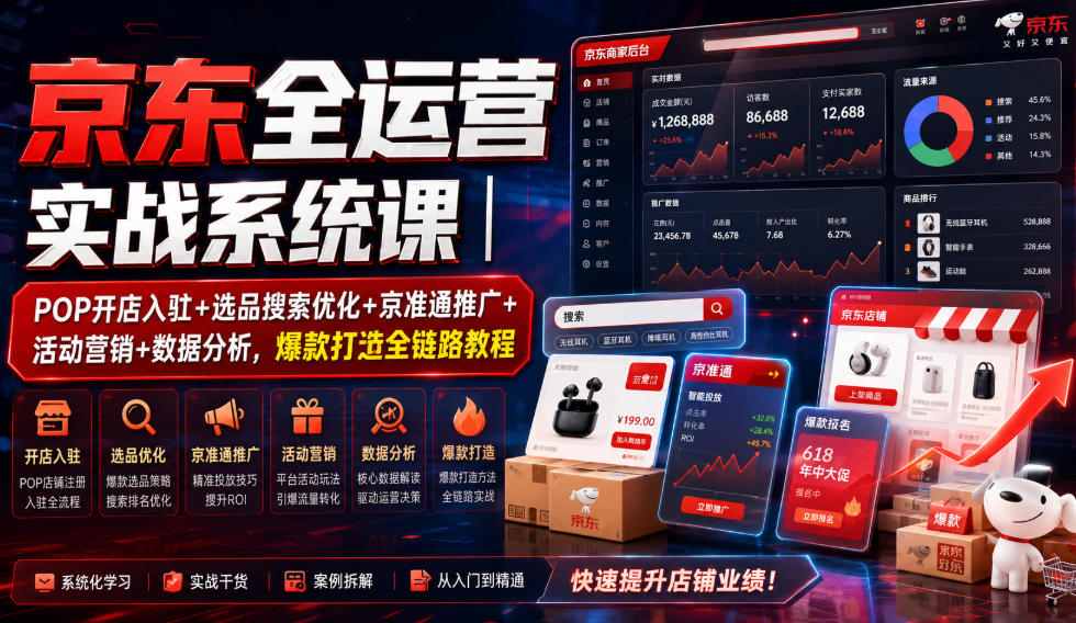 京东全运营实战系统课｜POP开店入驻+选品搜索优化+京准通推广+活动营销+数据分析，爆款打造全链路教程-dabaowz