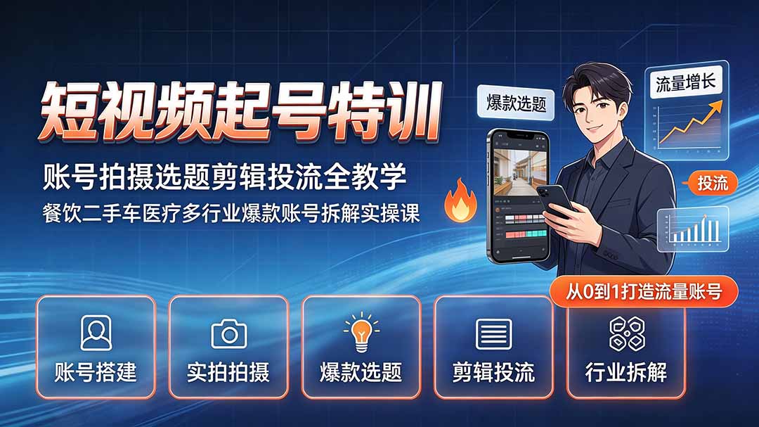 短视频起号特训｜账号拍摄选题剪辑投流全教学，餐饮二手车医疗多行业爆款账号拆解实操课-dabaowz