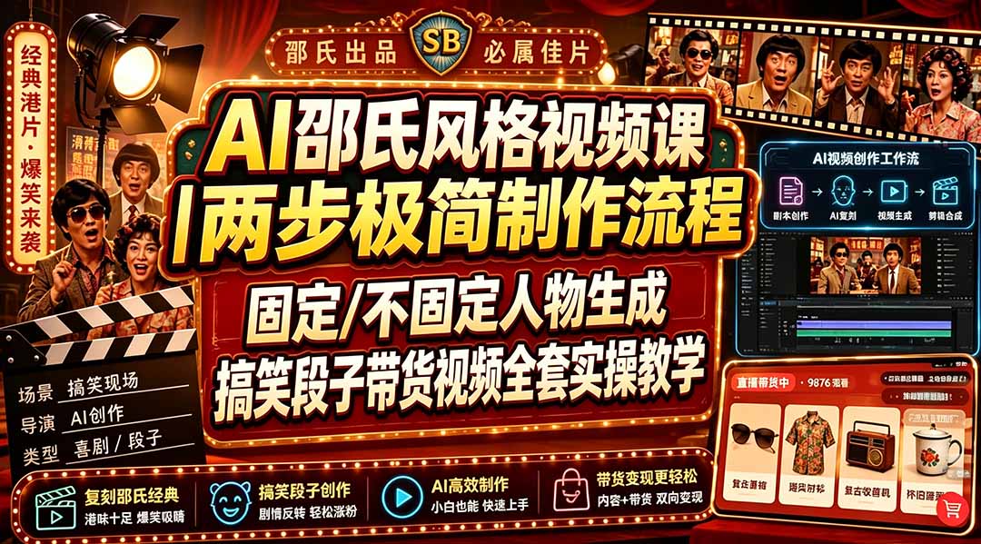 AI邵氏风格视频课｜两步极简制作流程，固定/不固定人物生成，搞笑段子带货视频全套实操教学-dabaowz
