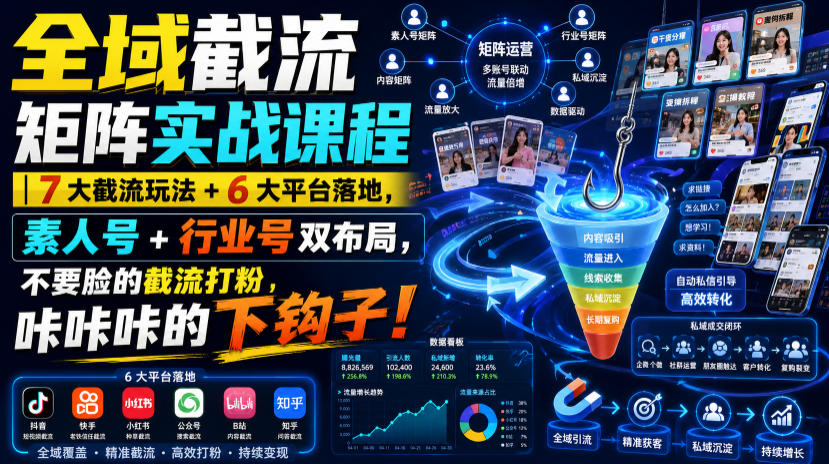 全域截流矩阵实战课程｜7大截流玩法+6大平台落地，素人号+行业号双布局，不要脸的截流打粉，咔咔咔的下钩子！-dabaowz