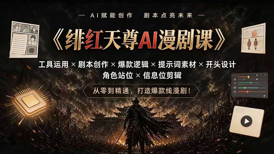 绯红天尊AI漫剧课｜工具运用×剧本创作×爆款逻辑×提示词素材×开头设计×角色站位×信息位剪辑-dabaowz