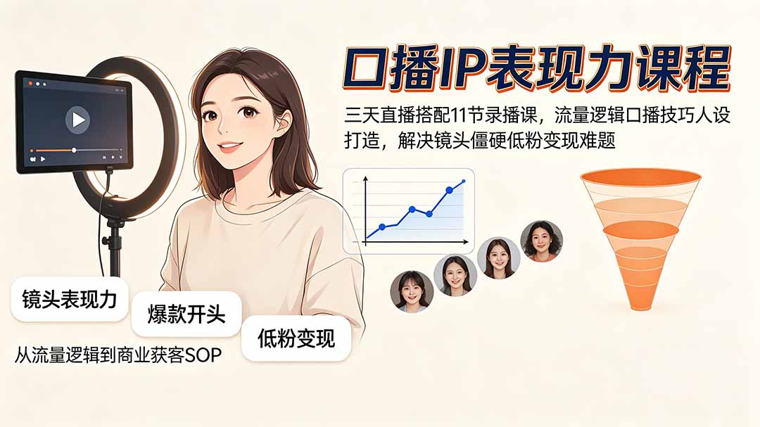 口播IP表现力课程｜三天直播搭配11节录播课，流量逻辑口播技巧人设打造，解决镜头僵硬低粉变现难题-dabaowz