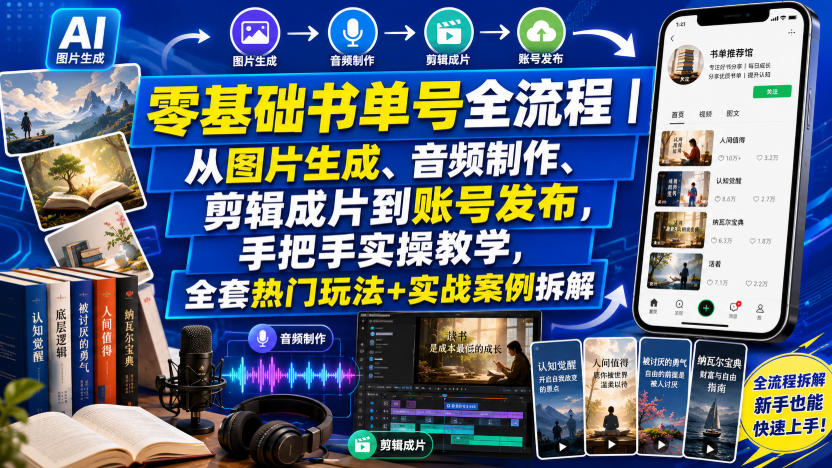 零基础书单号全流程｜从图片生成、音频制作、剪辑成片到账号发布，手把手实操教学，全套热门玩法+实战案例拆解-dabaowz