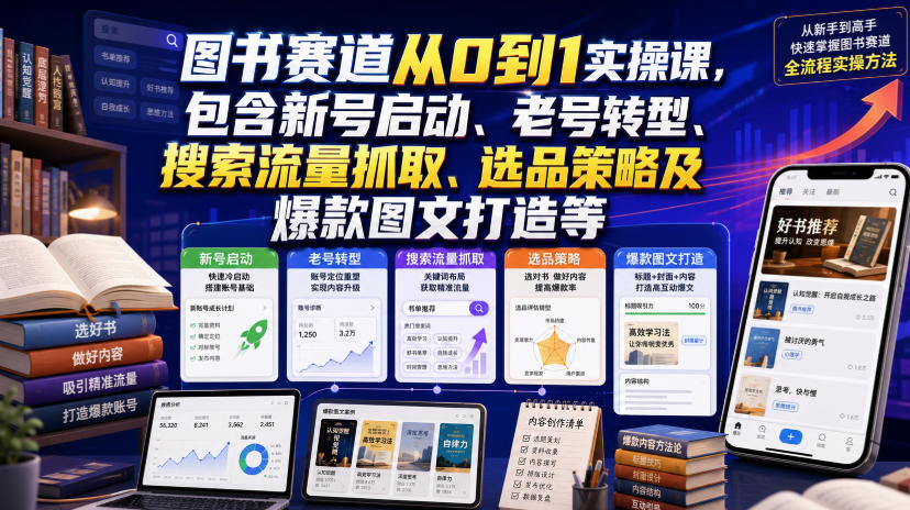 图书赛道从0到1实操课，包含新号启动、老号转型、搜索流量抓取、选品策略及爆款图文打造等-dabaowz