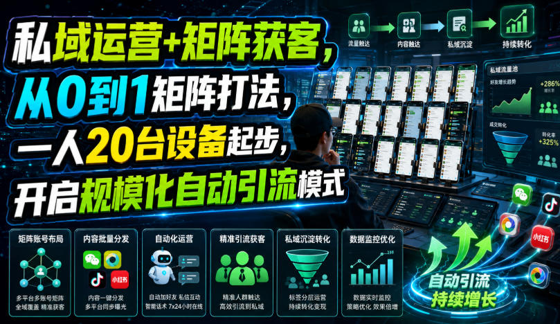 私域运营+矩阵获客，从0到1矩阵打法，一人20台设备起步，开启规模化自动引流模式！-dabaowz