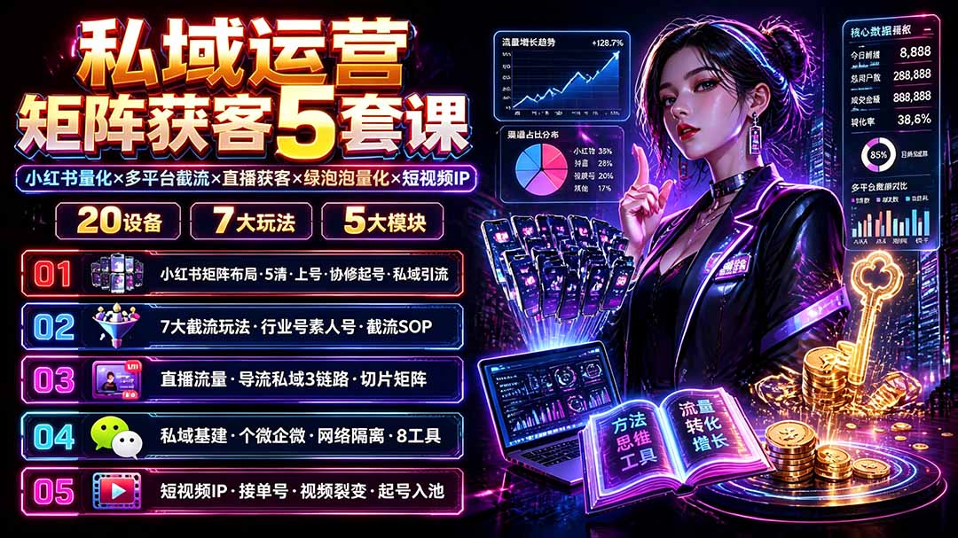私域运营矩阵获客5套课：小红书量化×多平台截流×直播获客×绿泡泡量化×短视频IP×20设备×7大玩法-dabaowz