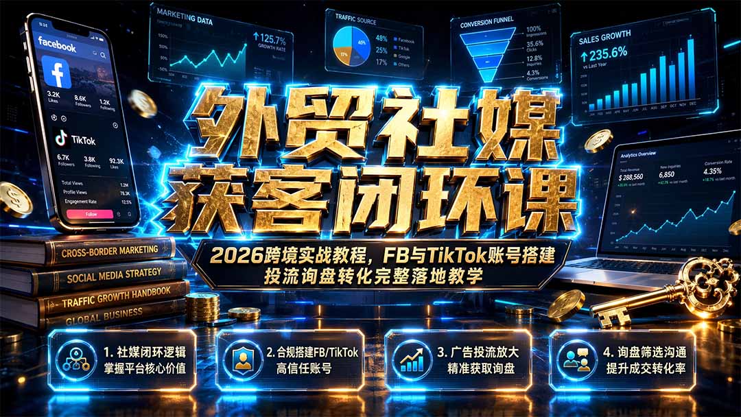 外贸社媒获客闭环课｜2026跨境实战教程，FB与TikTok账号搭建投流询盘转化完整落地教学-dabaowz