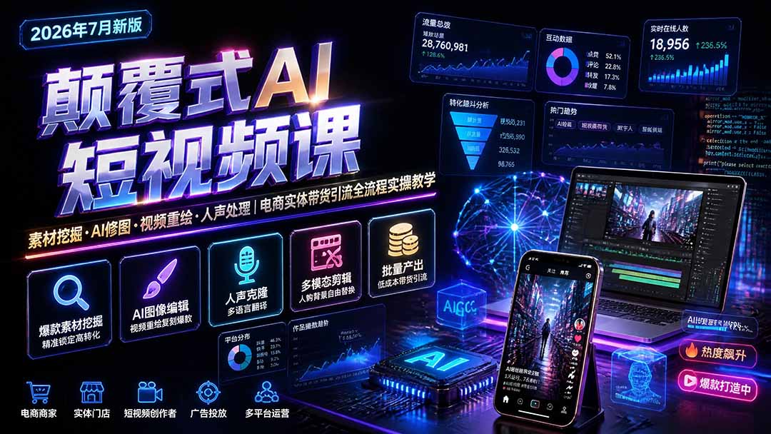 颠覆式AI短视频课｜素材挖掘，AI修图，视频重绘，人声处理｜电商实体带货引流全流程实操教学-dabaowz