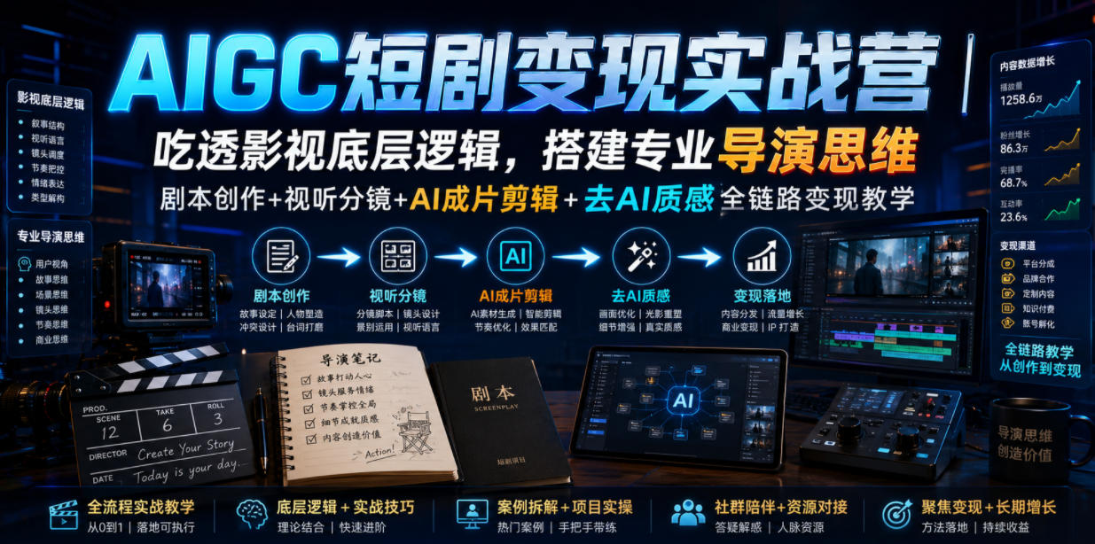 AIGC短剧变现实战营｜吃透影视底层逻辑，搭建专业导演思维，剧本创作+视听分镜+AI成片剪辑+去AI质感全链路变现教学-dabaowz