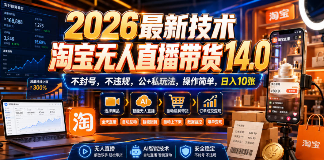 2026最新技术，淘宝无人直播带货14.0，不封号，不违规，公+私玩法，操作简单，日入10张【揭秘】-dabaowz