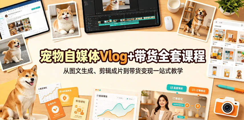 宠物自媒体Vlog+带货全套课程｜从图文生成、剪辑成片到带货变现一站式教学-dabaowz