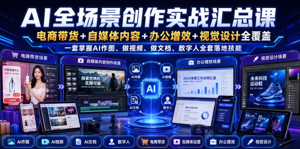 AI全场景创作实战汇总课｜电商带货+自媒体内容+办公增效+视觉设计全覆盖，一套掌握AI作图、做视频、做文档、数字人全套落地技能-dabaowz