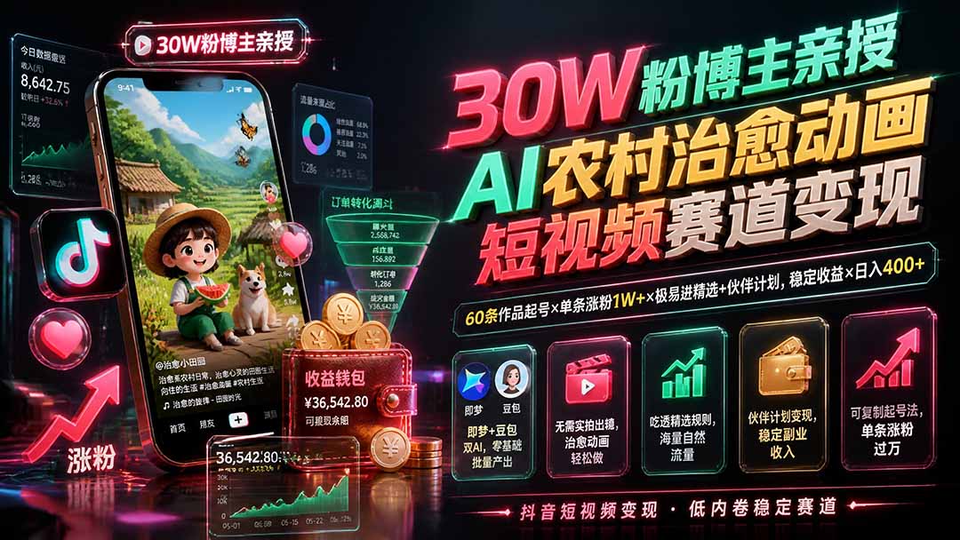 30W粉博主亲授AI农村治愈动画短视频赛道变现：60条作品起号×单条涨粉1W+×极易进精选+伙伴计划，稳定收益×日入400+-dabaowz