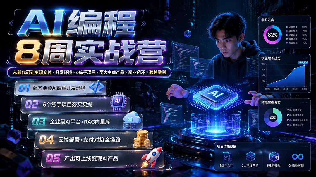AI编程8周实战营：从敲代码到变现交付×开发环境×6练手项目×两大主线产品×商业闭环×跨越盈利-dabaowz