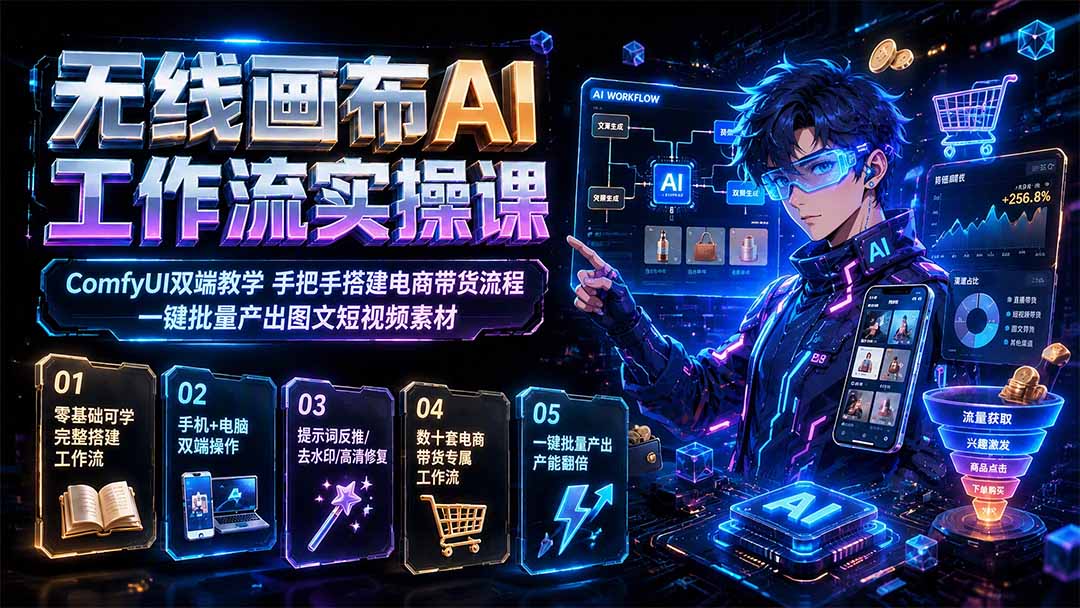 无线画布AI工作流实操课｜ComfyUI双端教学，手把手搭建电商带货流程，一键批量产出图文短视频素材-dabaowz
