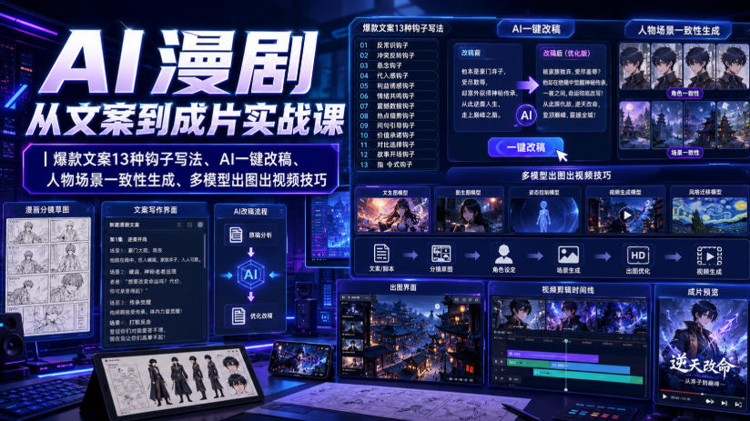AI漫剧从文案到成片实战课｜爆款文案13种钩子写法、AI一键改稿、人物场景一致性生成、多模型出图出视频技巧-dabaowz