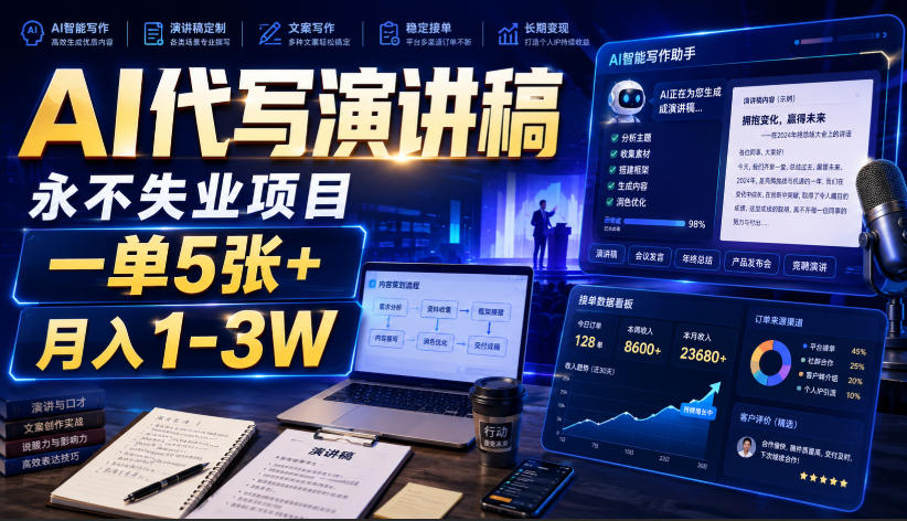 AI代写演讲稿，永不失业项目，一单5张+，月入1-3W【揭秘】-dabaowz