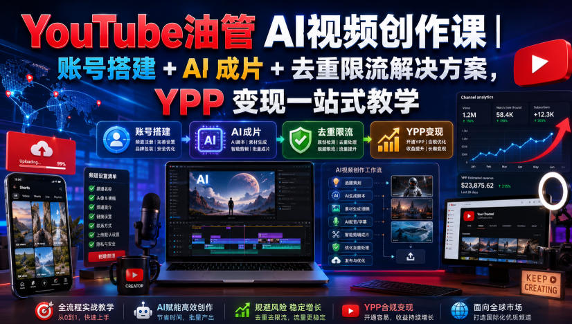 YouTube油管AI视频创作课｜账号搭建+AI成片+去重限流解决方案，YPP变现一站式教学-dabaowz