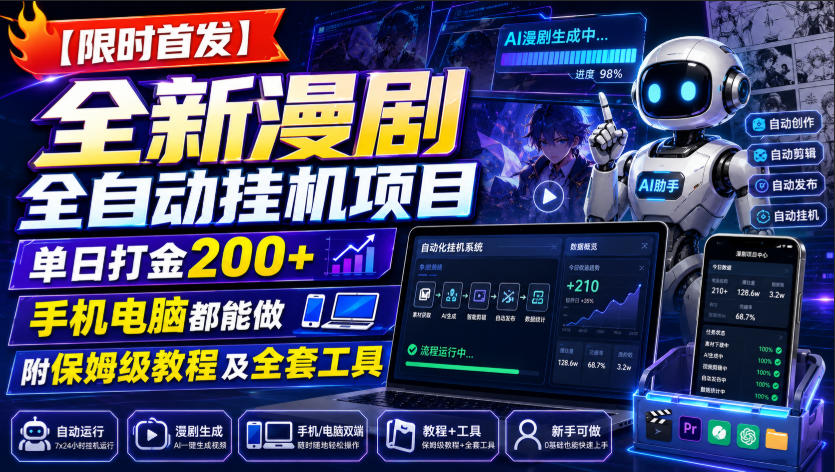 【限时首发】全新漫剧全自动挂G项目，单日打金200+，手机电脑都能做，附保姆级教程及全套工具【揭秘】-dabaowz