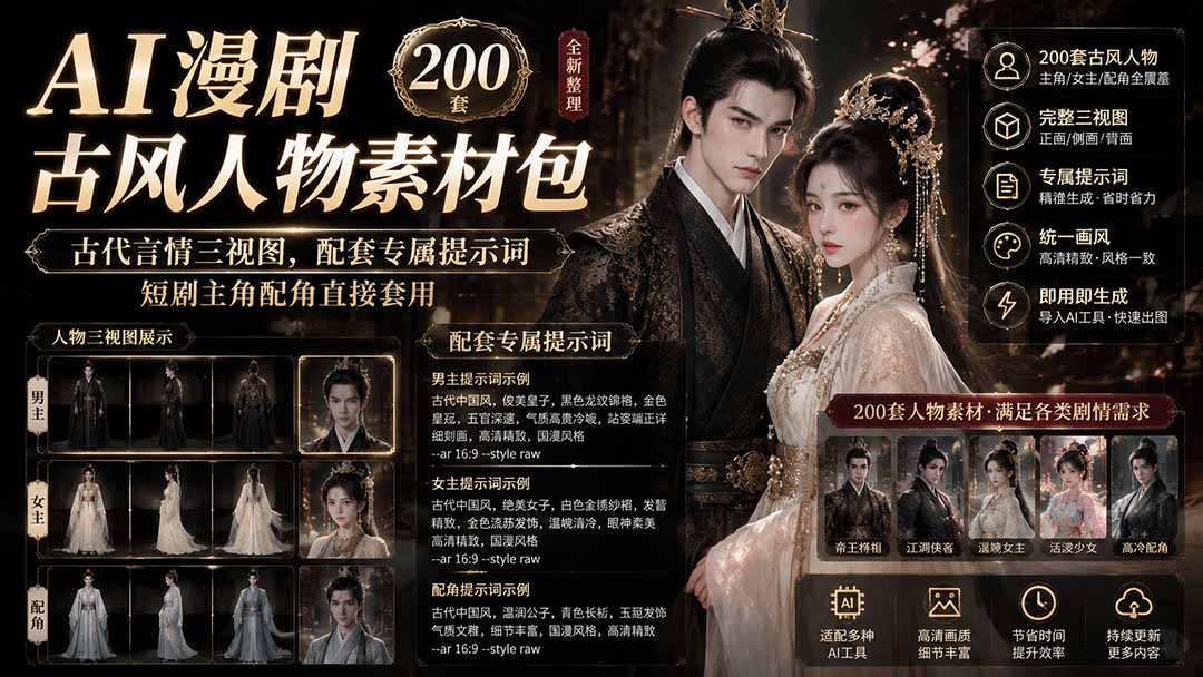 AI漫剧古风人物素材包+提示词｜200 套古代言情三视图，配套专属提示词短剧主角配角直接套用-dabaowz