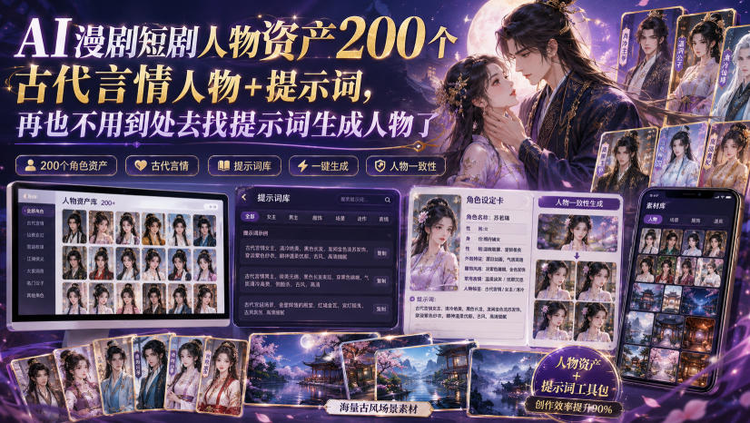 AI漫剧短剧人物资产200个古代言情人物+提示词，再也不用到处去找提示词生成人物了-dabaowz