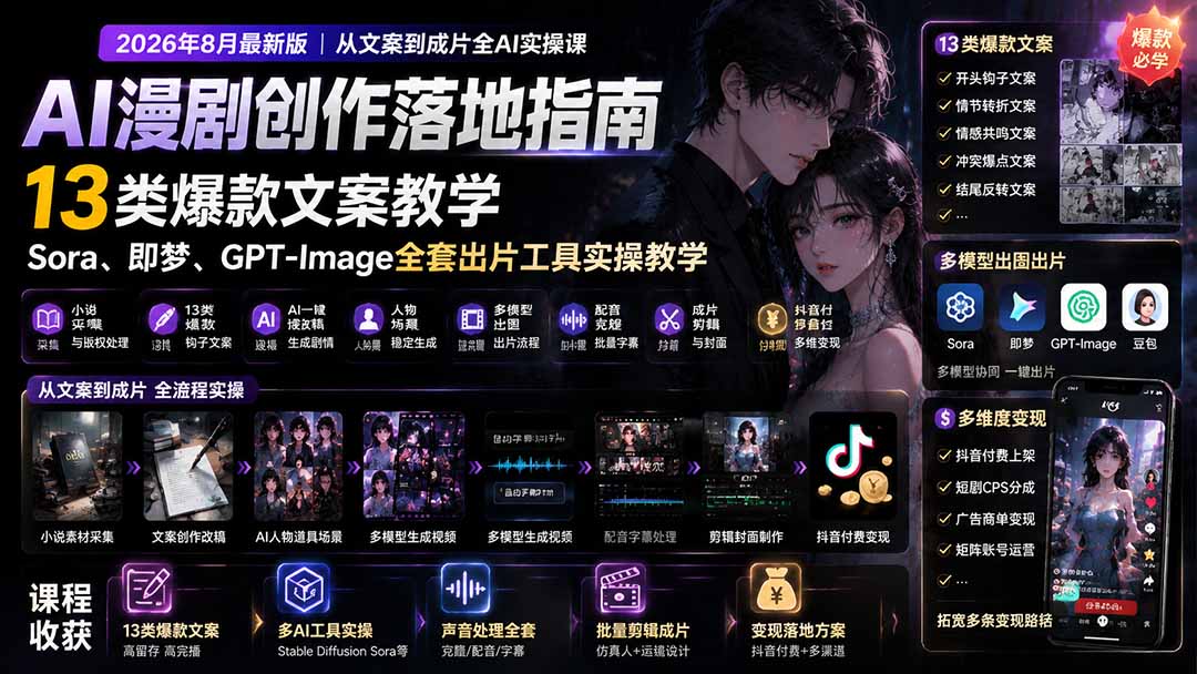 AI漫剧创作落地指南｜13类爆款文案教学，Sora、即梦、GPT-Image全套出片工具实操教学-dabaowz