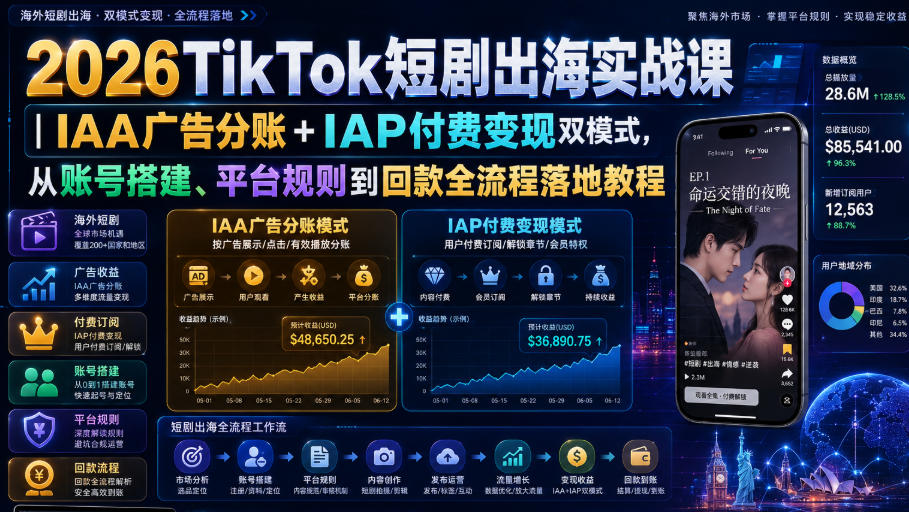 2026TikTok短剧出海实战课｜IAA广告分账+IAP付费变现双模式，从账号搭建、平台规则到回款全流程落地教程-dabaowz